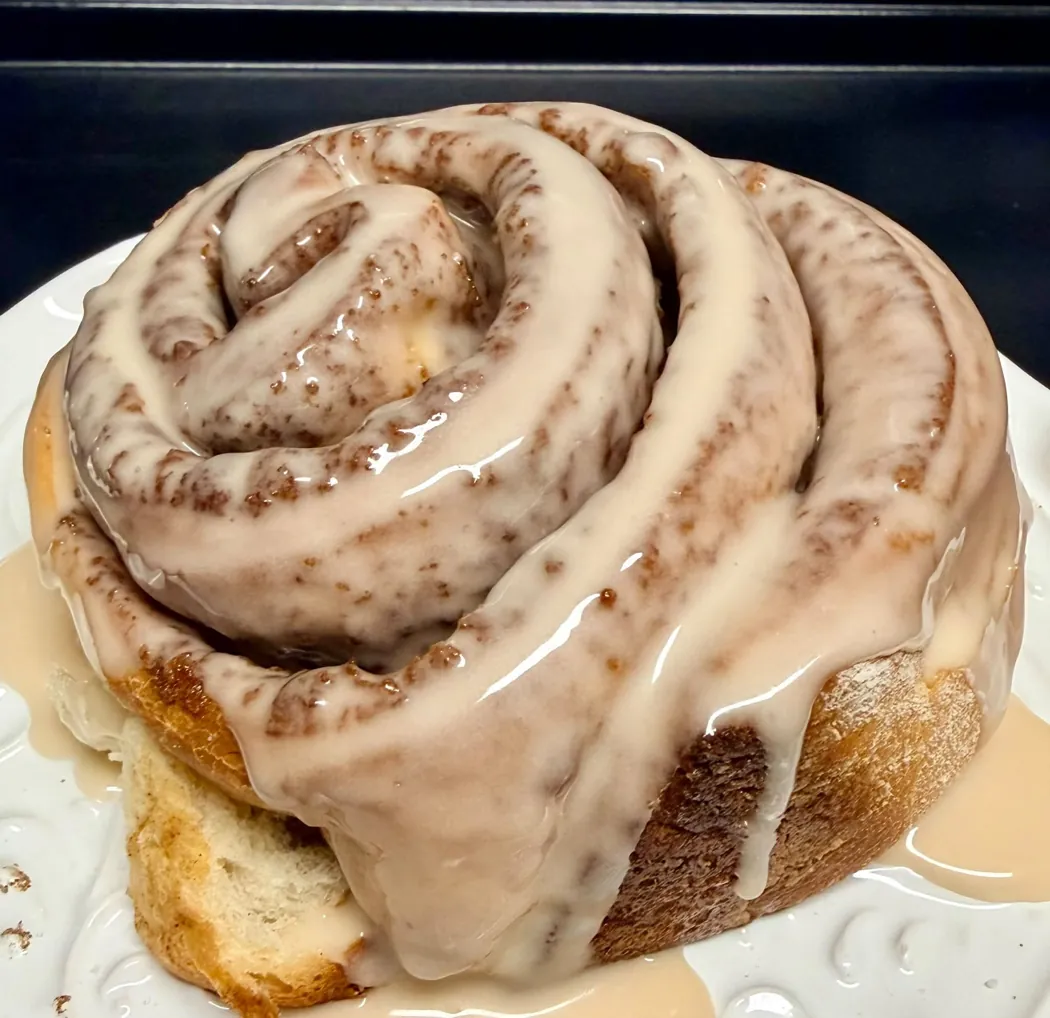 An iced cinnamon roll