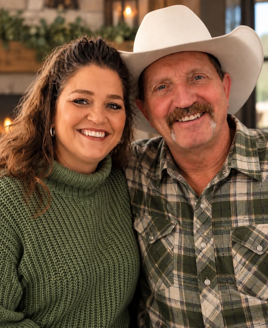 Two people smiling, one wearing a white cowboy hat